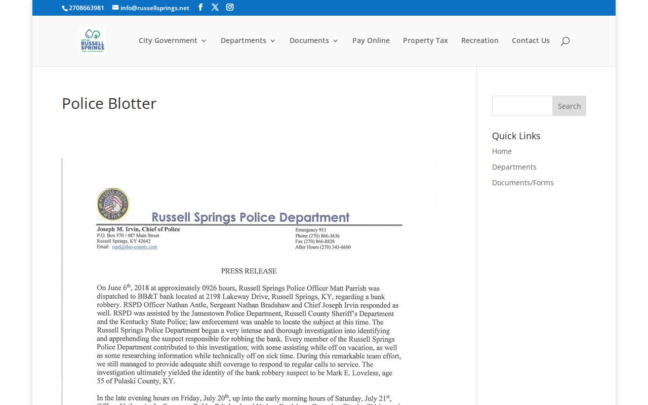 Russell Springs Police static blotter record page