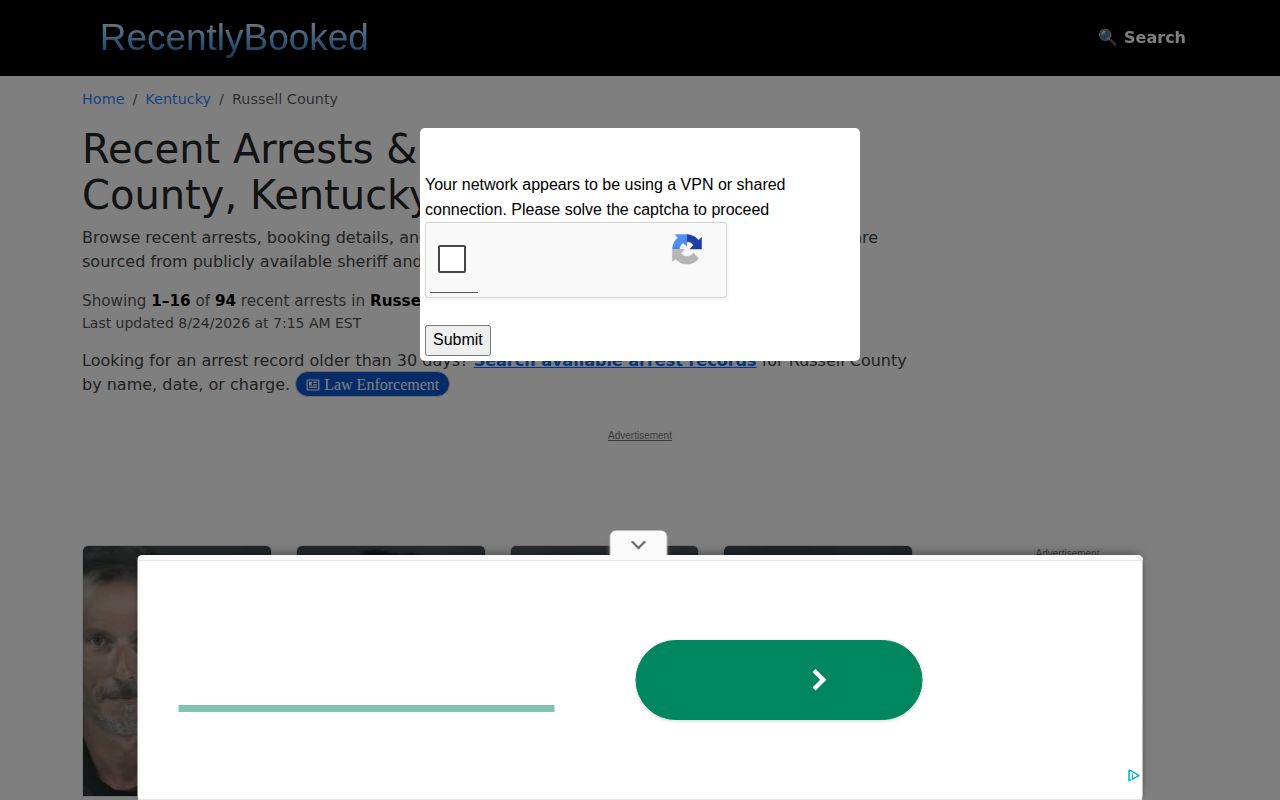 Russell County unofficial recent booking record index